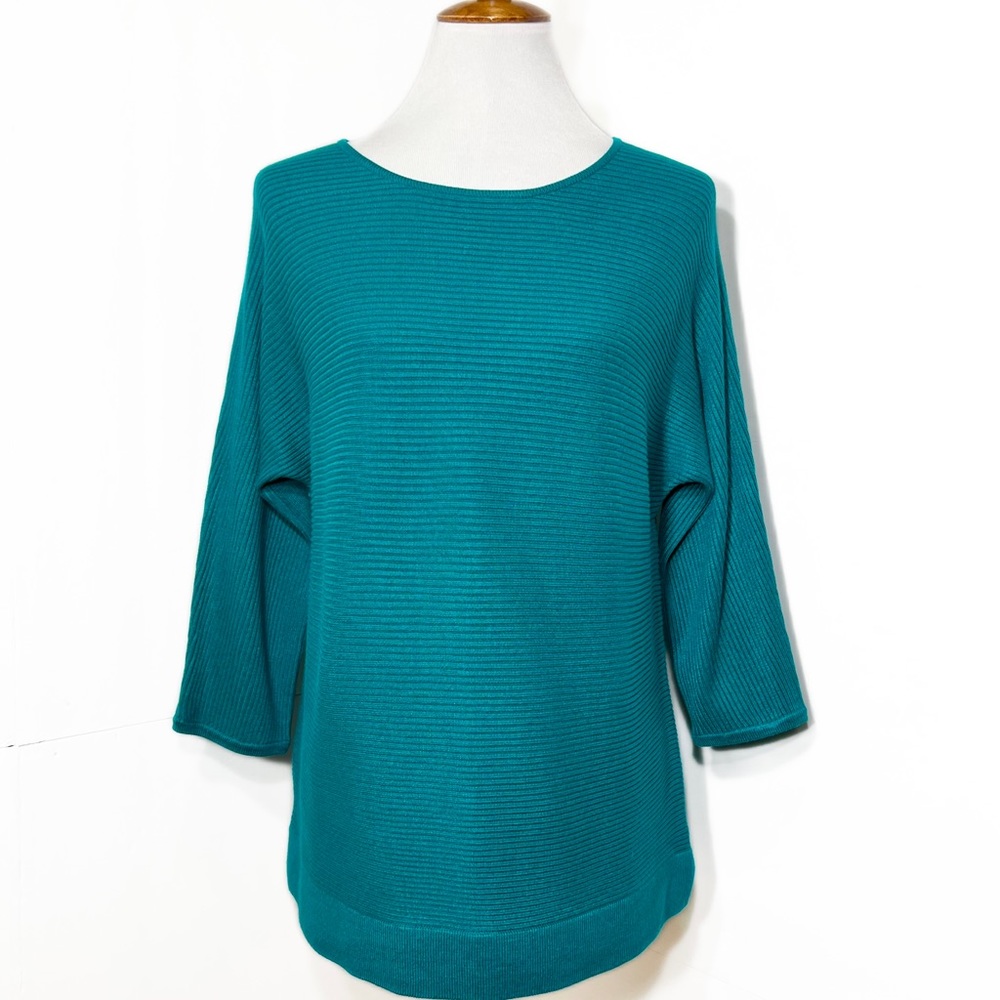 Chico’s Teal Ribbed Knit Raglan 3/4 Sleeve Dolman Pullover Tunic Sweater Top - Picture 5 of 9